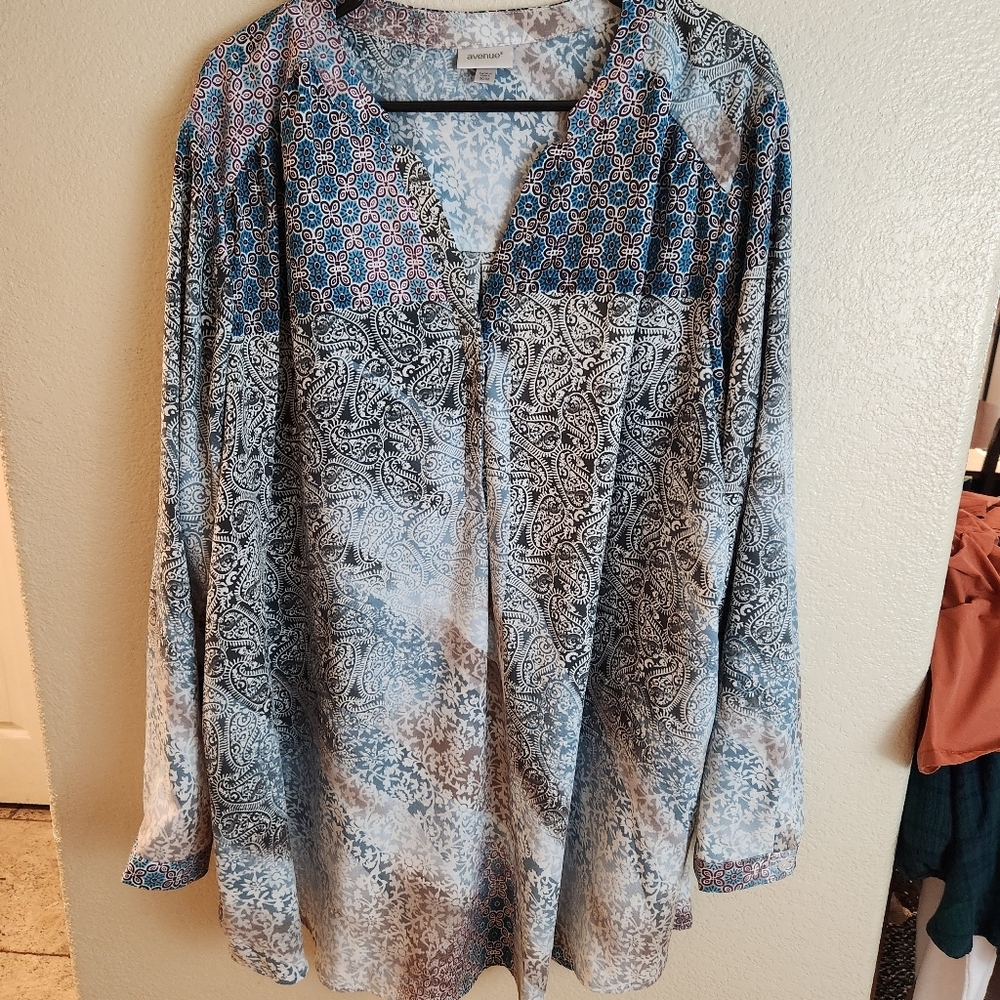 Avenue Blue Floral V Neck Long Sleeve Popover Mix Media Boho Blouse Top
